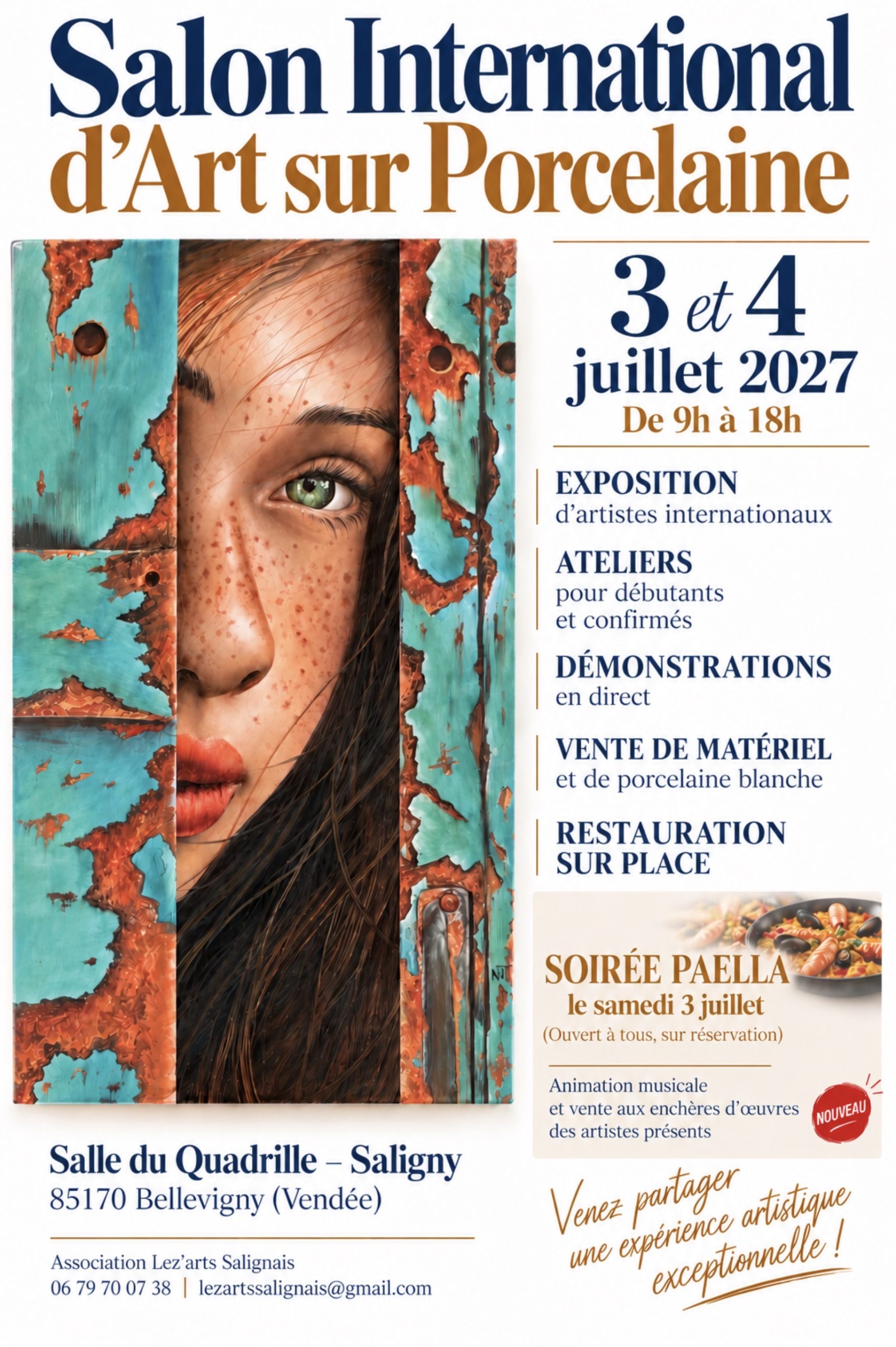 Œuvre peinte sur porcelaine de l’affiche : visage de jeune femme aux taches de rousseur, à demi caché derrière un panneau turquoise rongé de cuivre
